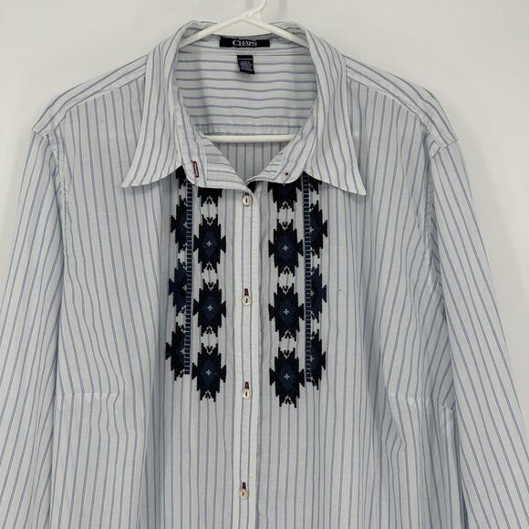 Chaps Shirt Womens 3X Blue White Stripe Embroidered Button Front Long Sleeve - Picture 2 of 9